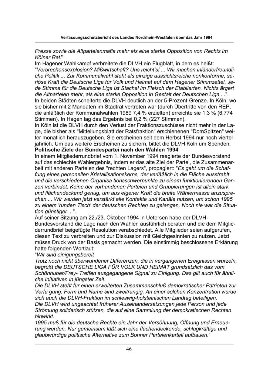 Seite 46 des Verfassungsschutzbericht 1994 Nordrhein-Westfalen