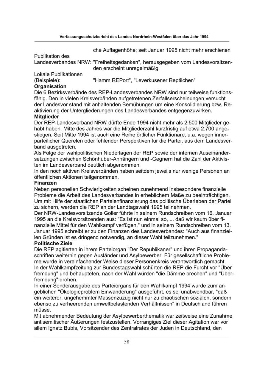 Seite 58 des Verfassungsschutzbericht 1994 Nordrhein-Westfalen