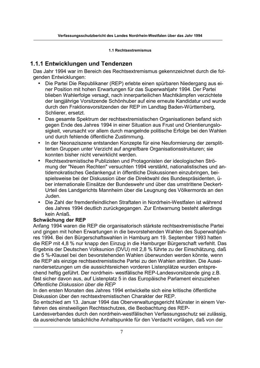 Seite 7 des Verfassungsschutzbericht 1994 Nordrhein-Westfalen