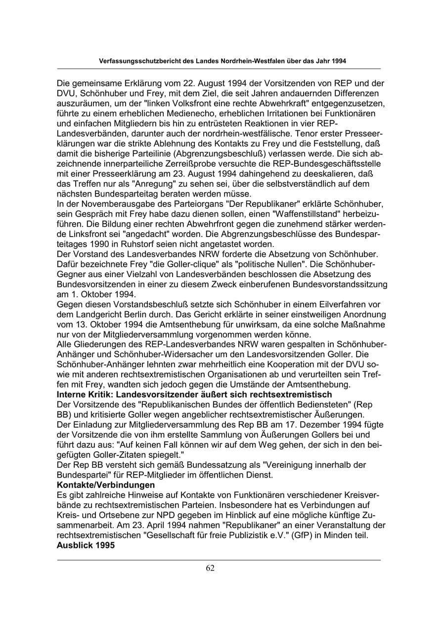 Seite 62 des Verfassungsschutzbericht 1994 Nordrhein-Westfalen