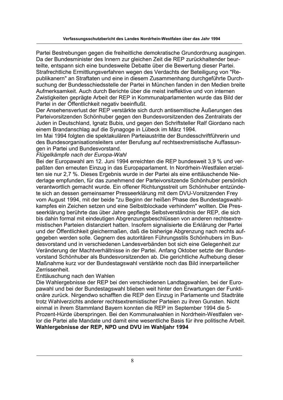 Seite 8 des Verfassungsschutzbericht 1994 Nordrhein-Westfalen