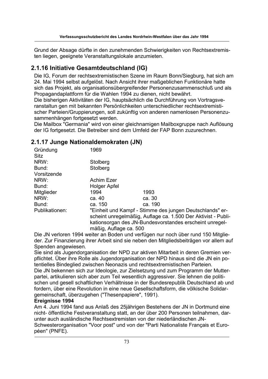 Seite 73 des Verfassungsschutzbericht 1994 Nordrhein-Westfalen