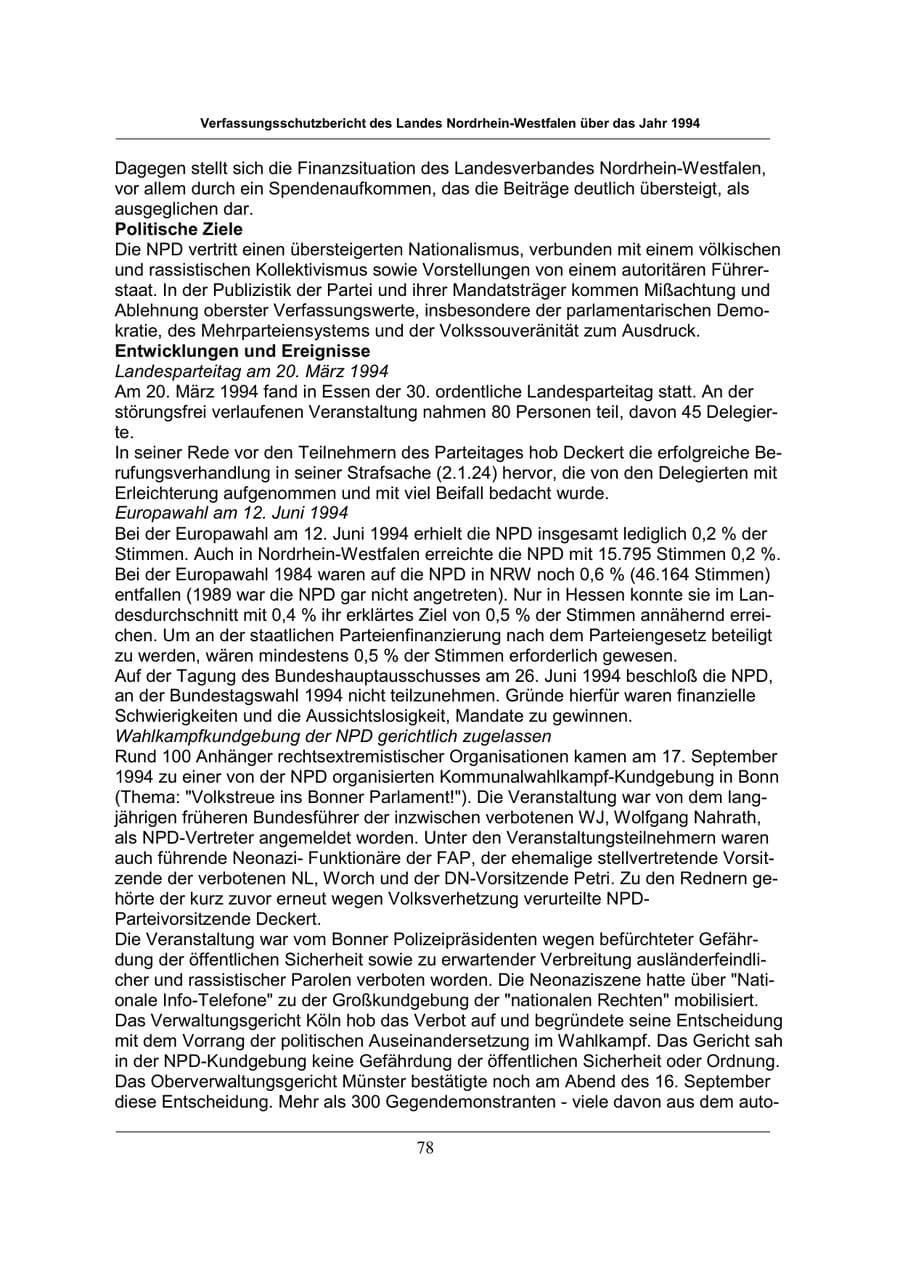 Seite 78 des Verfassungsschutzbericht 1994 Nordrhein-Westfalen