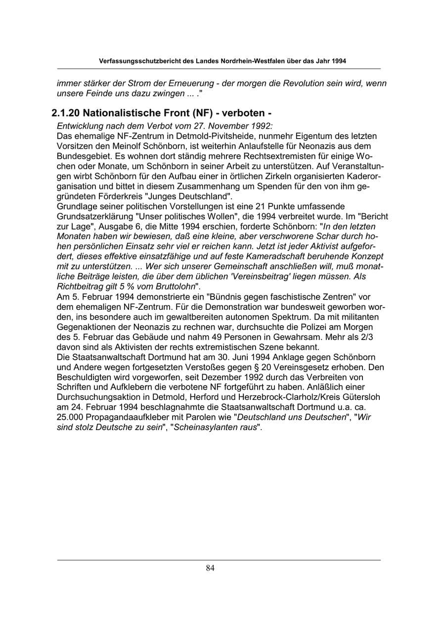 Seite 84 des Verfassungsschutzbericht 1994 Nordrhein-Westfalen