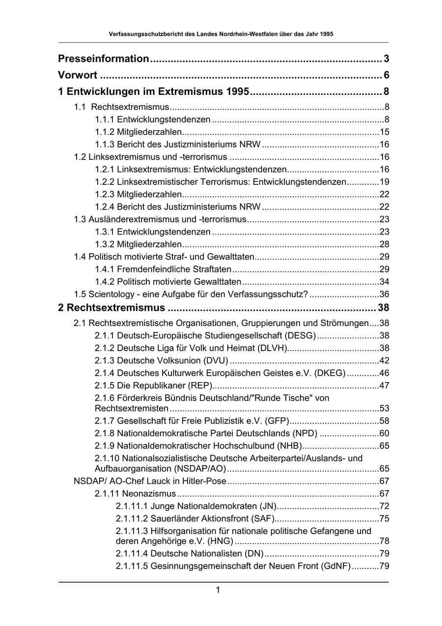 Seite 1 des Verfassungsschutzbericht 1995 Nordrhein-Westfalen