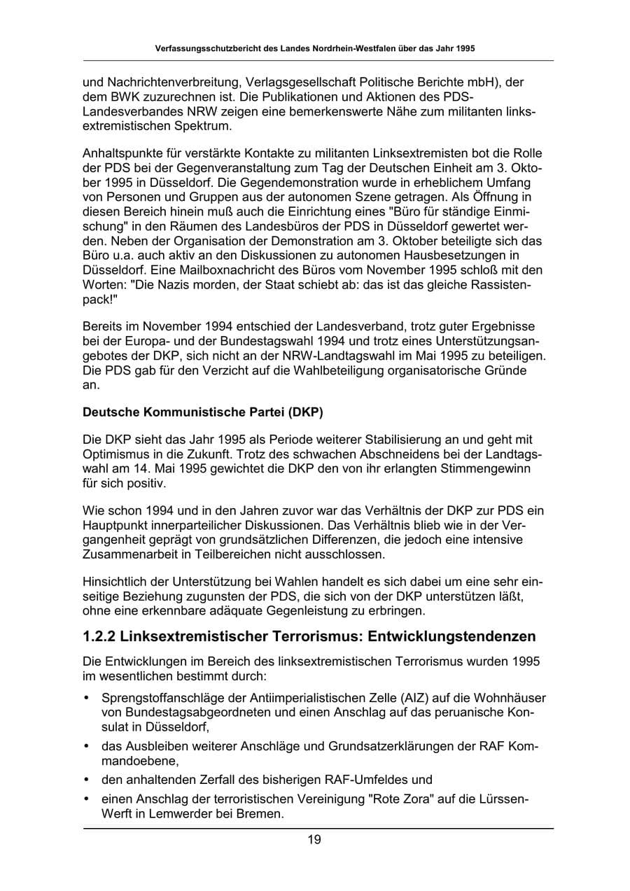 Seite 19 des Verfassungsschutzbericht 1995 Nordrhein-Westfalen