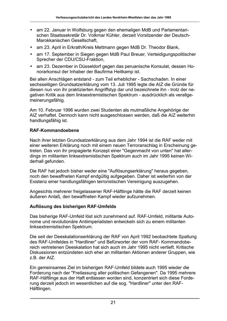 Seite 21 des Verfassungsschutzbericht 1995 Nordrhein-Westfalen