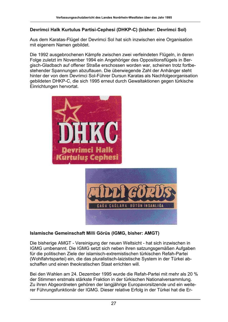 Seite 27 des Verfassungsschutzbericht 1995 Nordrhein-Westfalen