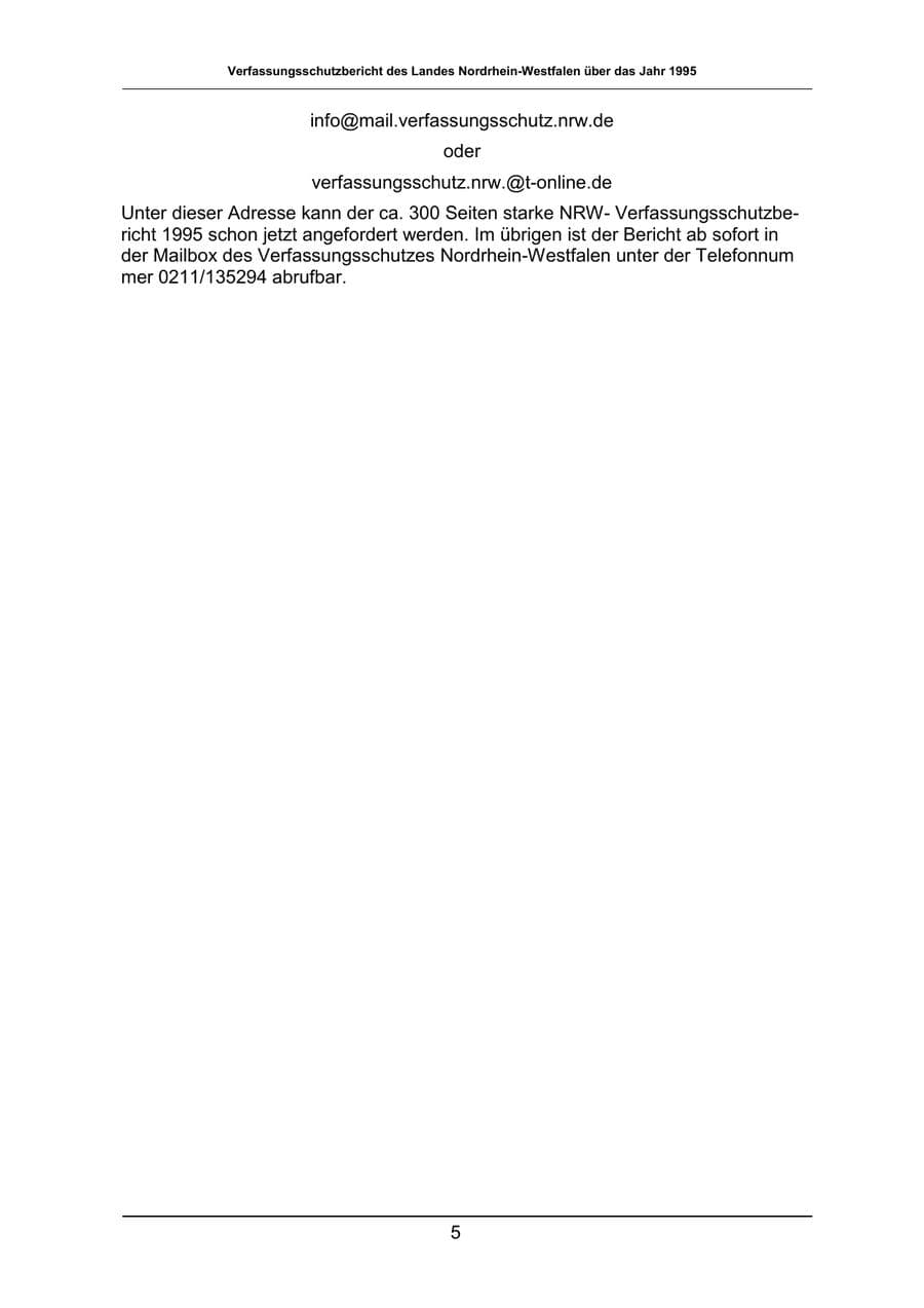 Seite 5 des Verfassungsschutzbericht 1995 Nordrhein-Westfalen