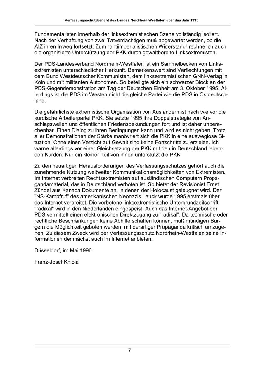 Seite 7 des Verfassungsschutzbericht 1995 Nordrhein-Westfalen