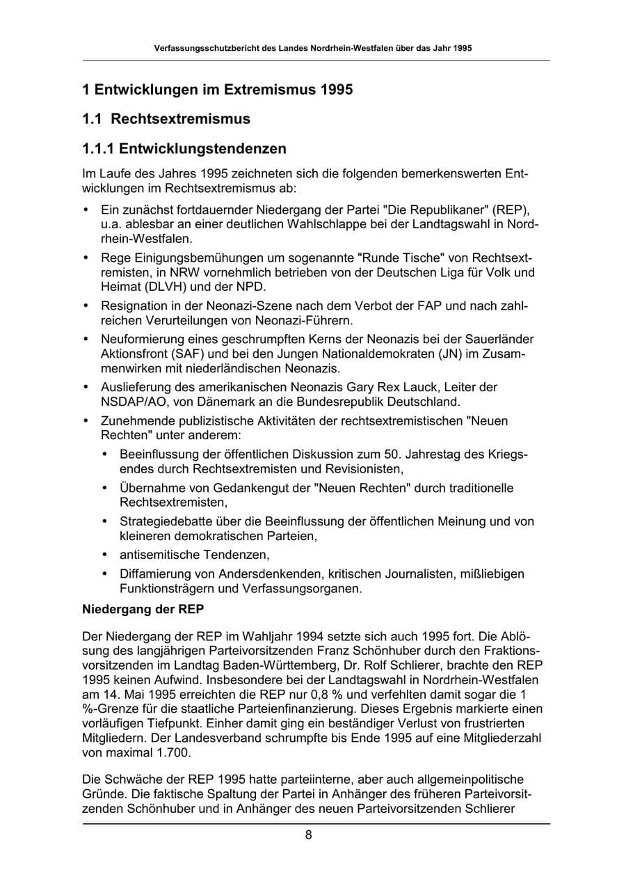 Seite 8 des Verfassungsschutzbericht 1995 Nordrhein-Westfalen