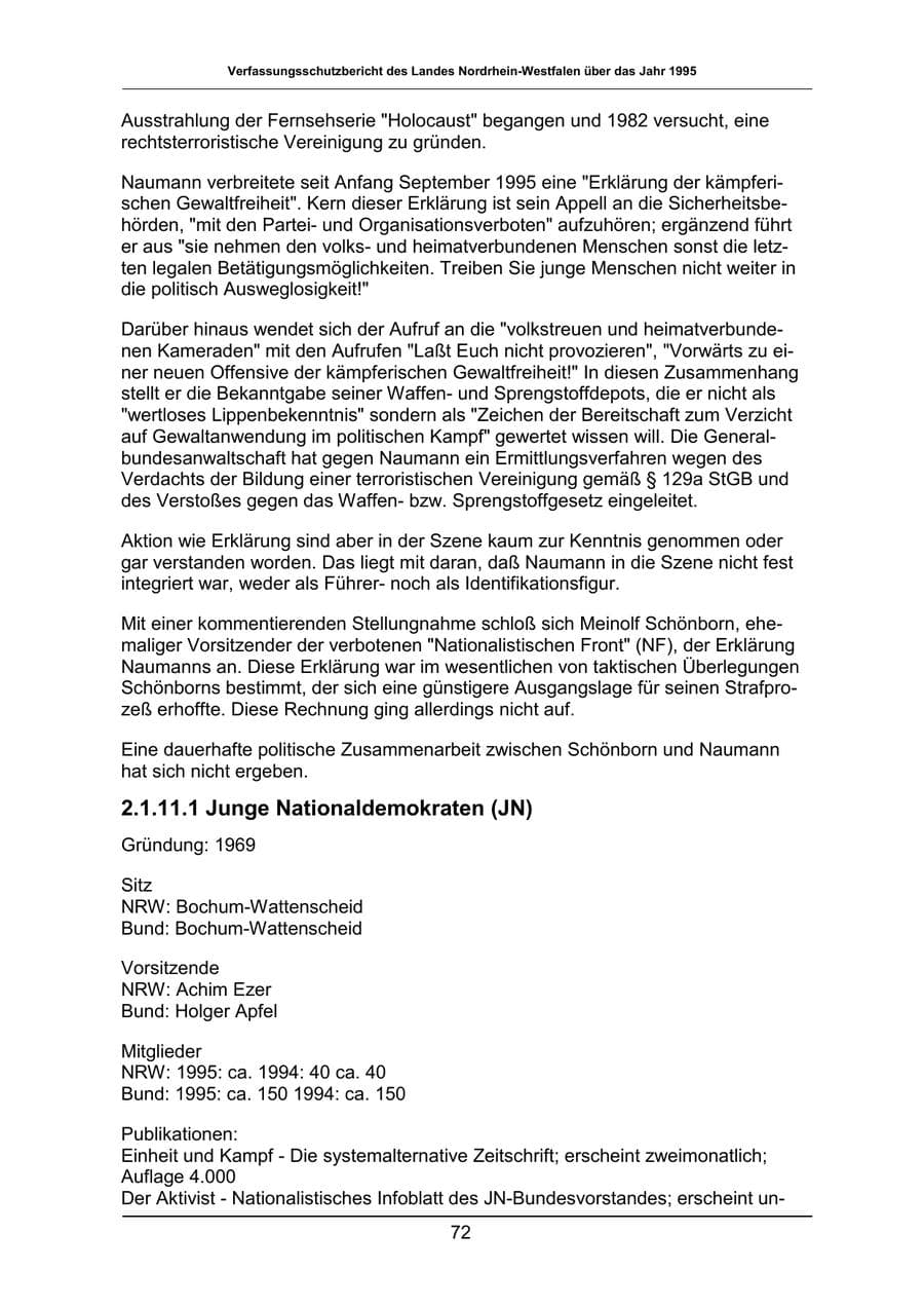 Seite 72 des Verfassungsschutzbericht 1995 Nordrhein-Westfalen