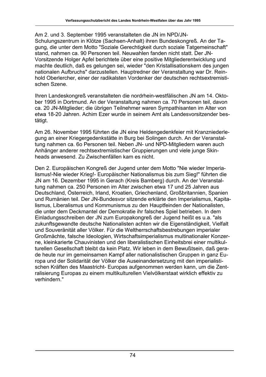 Seite 74 des Verfassungsschutzbericht 1995 Nordrhein-Westfalen