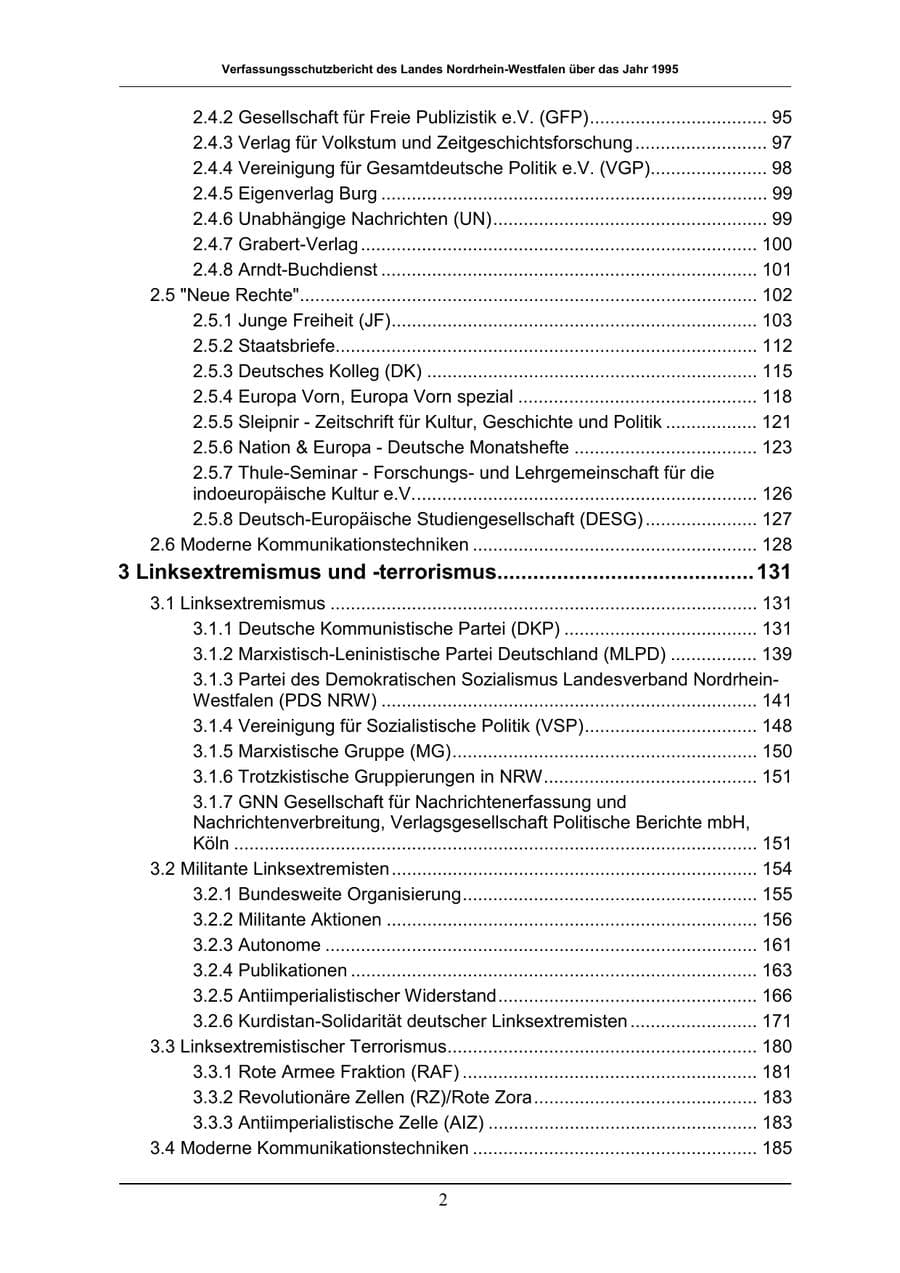 Seite 2 des Verfassungsschutzbericht 1996 Nordrhein-Westfalen