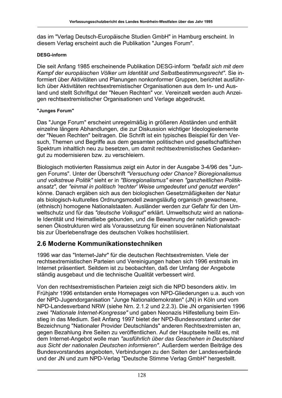 Seite 128 des Verfassungsschutzbericht 1996 Nordrhein-Westfalen