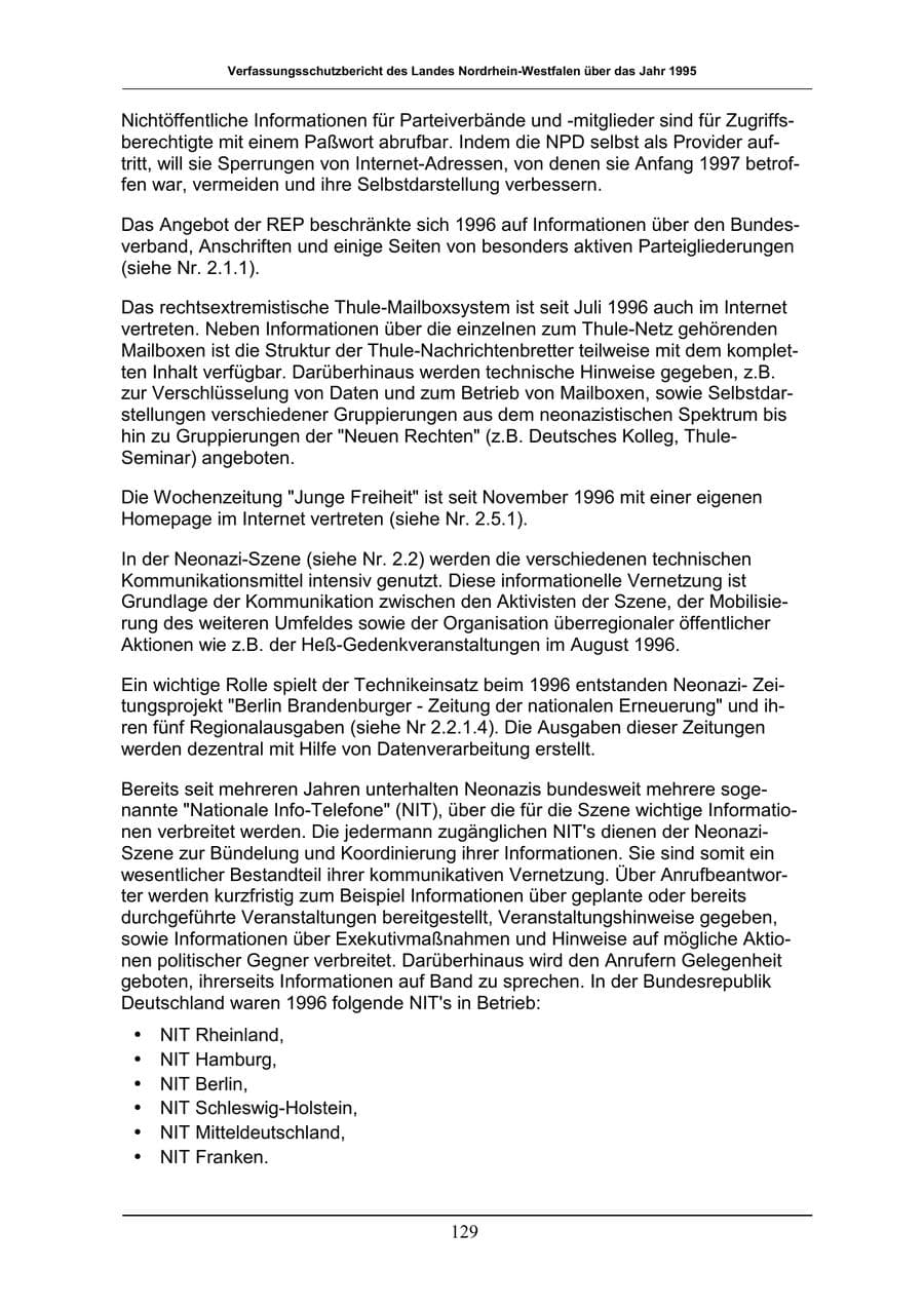 Seite 129 des Verfassungsschutzbericht 1996 Nordrhein-Westfalen