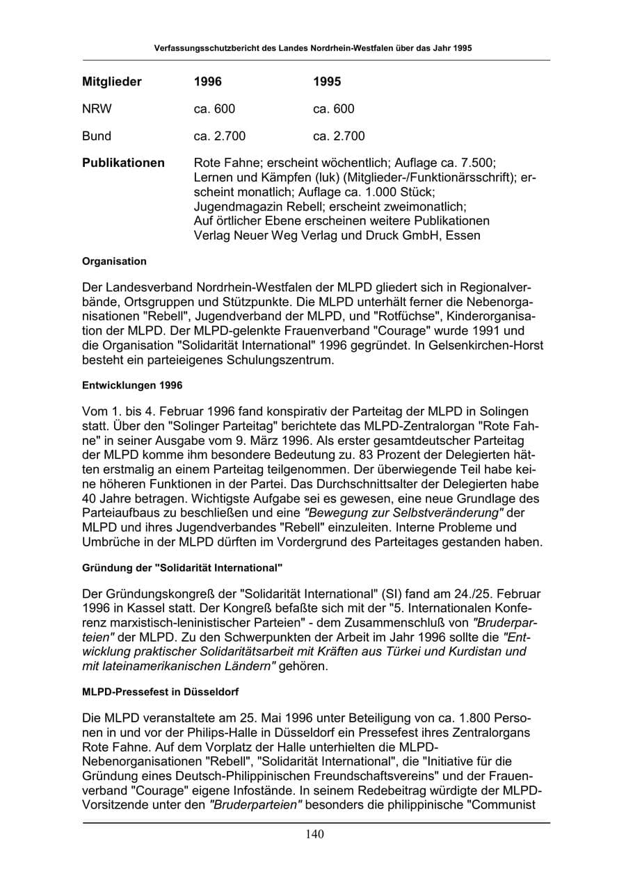 Seite 140 des Verfassungsschutzbericht 1996 Nordrhein-Westfalen