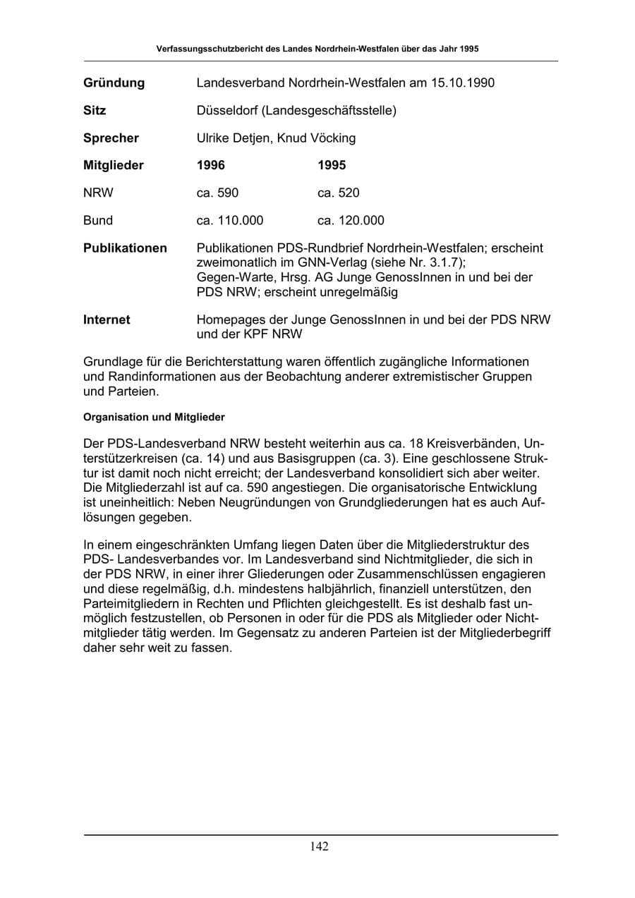 Seite 142 des Verfassungsschutzbericht 1996 Nordrhein-Westfalen