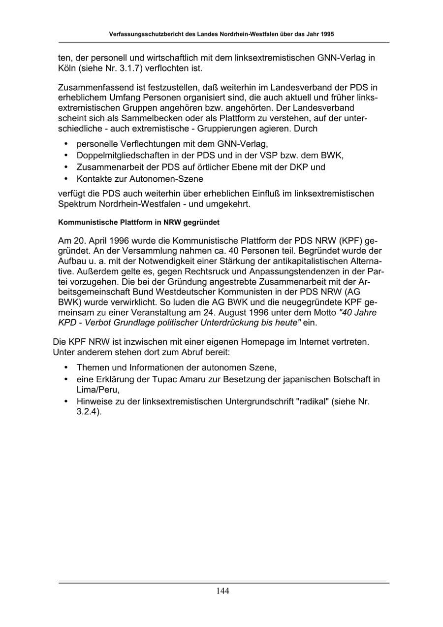 Seite 144 des Verfassungsschutzbericht 1996 Nordrhein-Westfalen