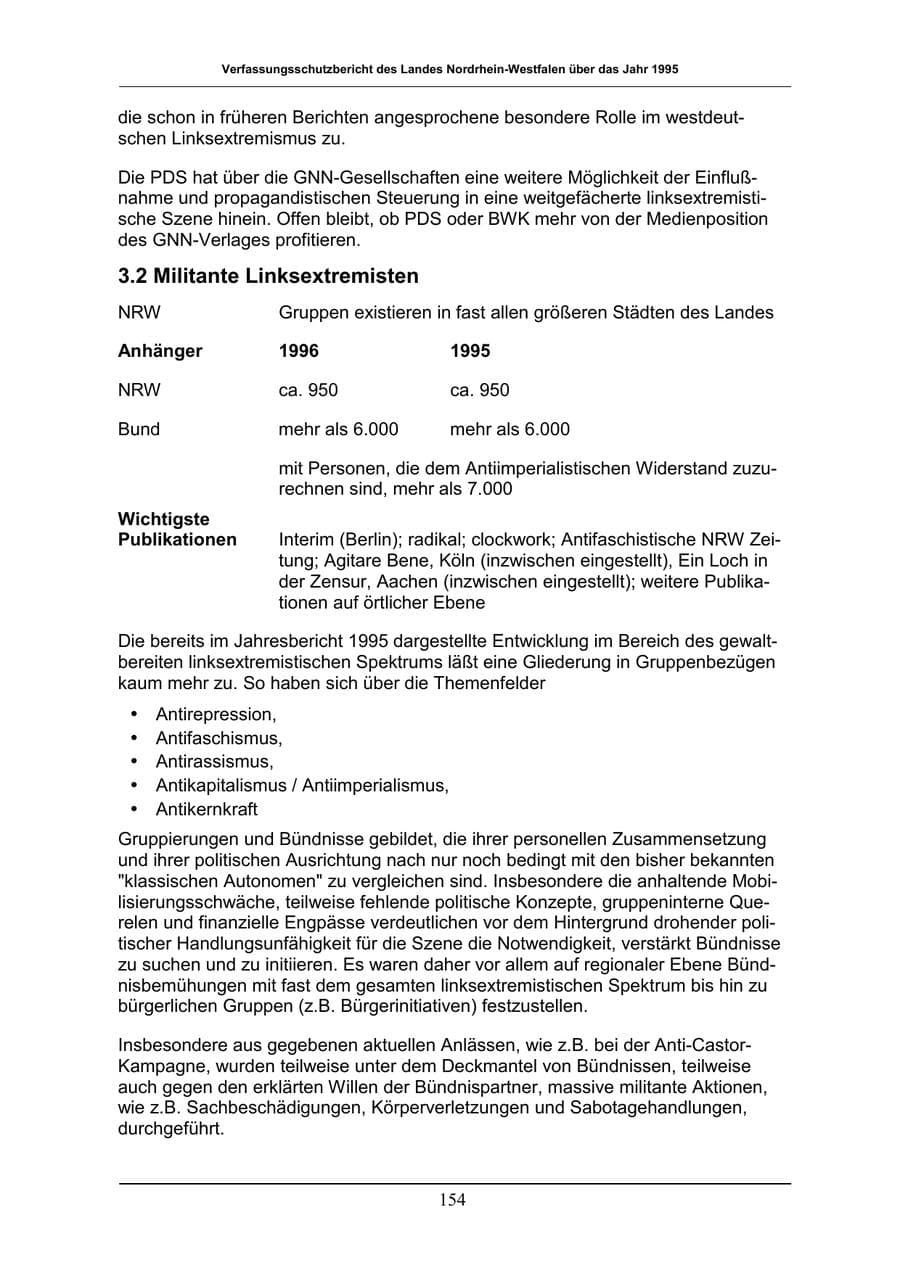 Seite 154 des Verfassungsschutzbericht 1996 Nordrhein-Westfalen