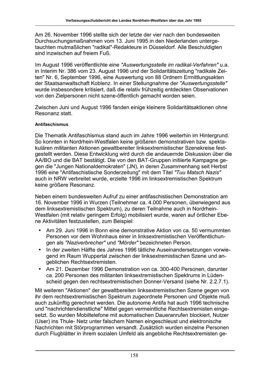 Seite 158 des Verfassungsschutzbericht 1996 Nordrhein-Westfalen