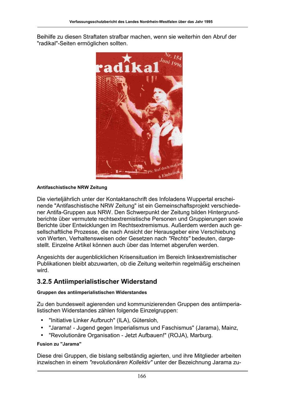 Seite 166 des Verfassungsschutzbericht 1996 Nordrhein-Westfalen
