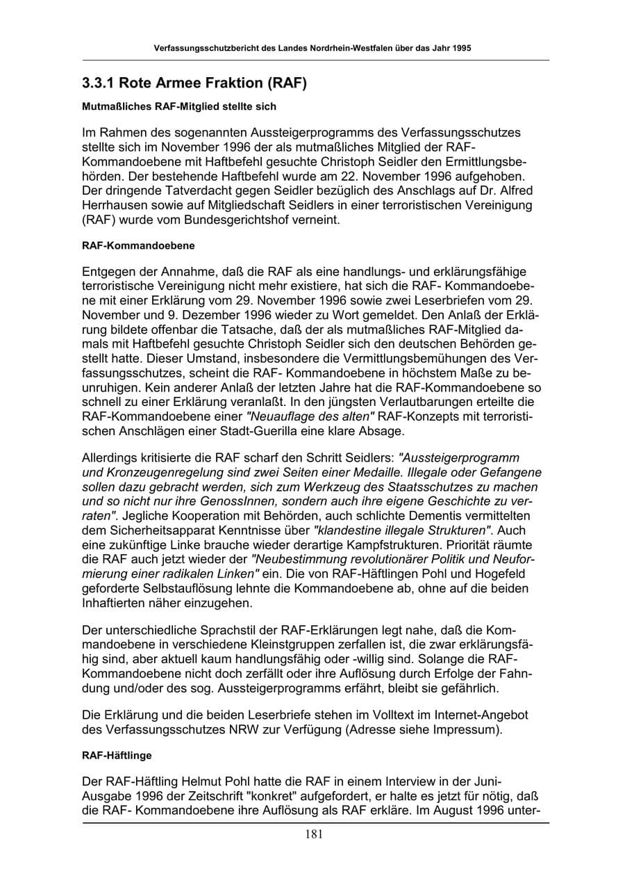 Seite 181 des Verfassungsschutzbericht 1996 Nordrhein-Westfalen