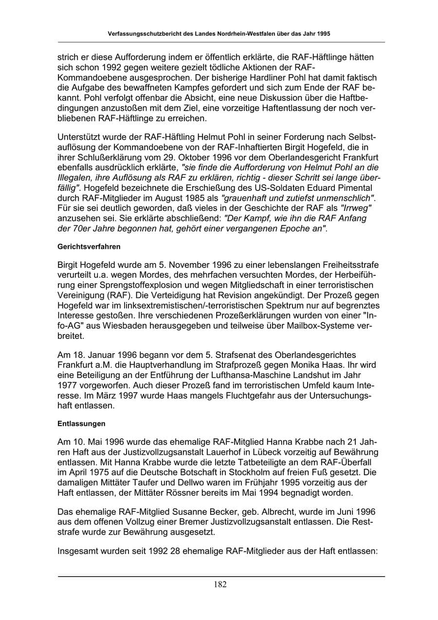 Seite 182 des Verfassungsschutzbericht 1996 Nordrhein-Westfalen