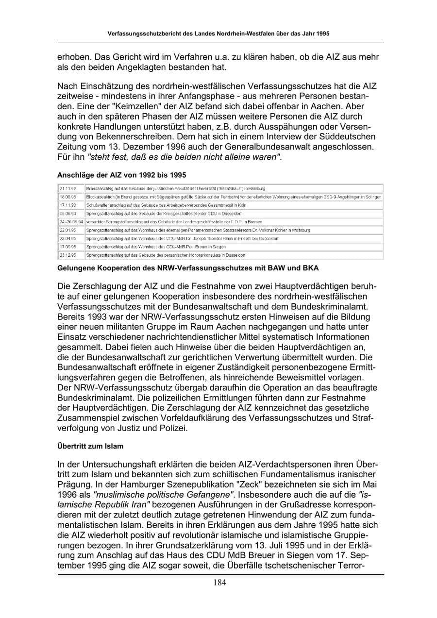 Seite 184 des Verfassungsschutzbericht 1996 Nordrhein-Westfalen