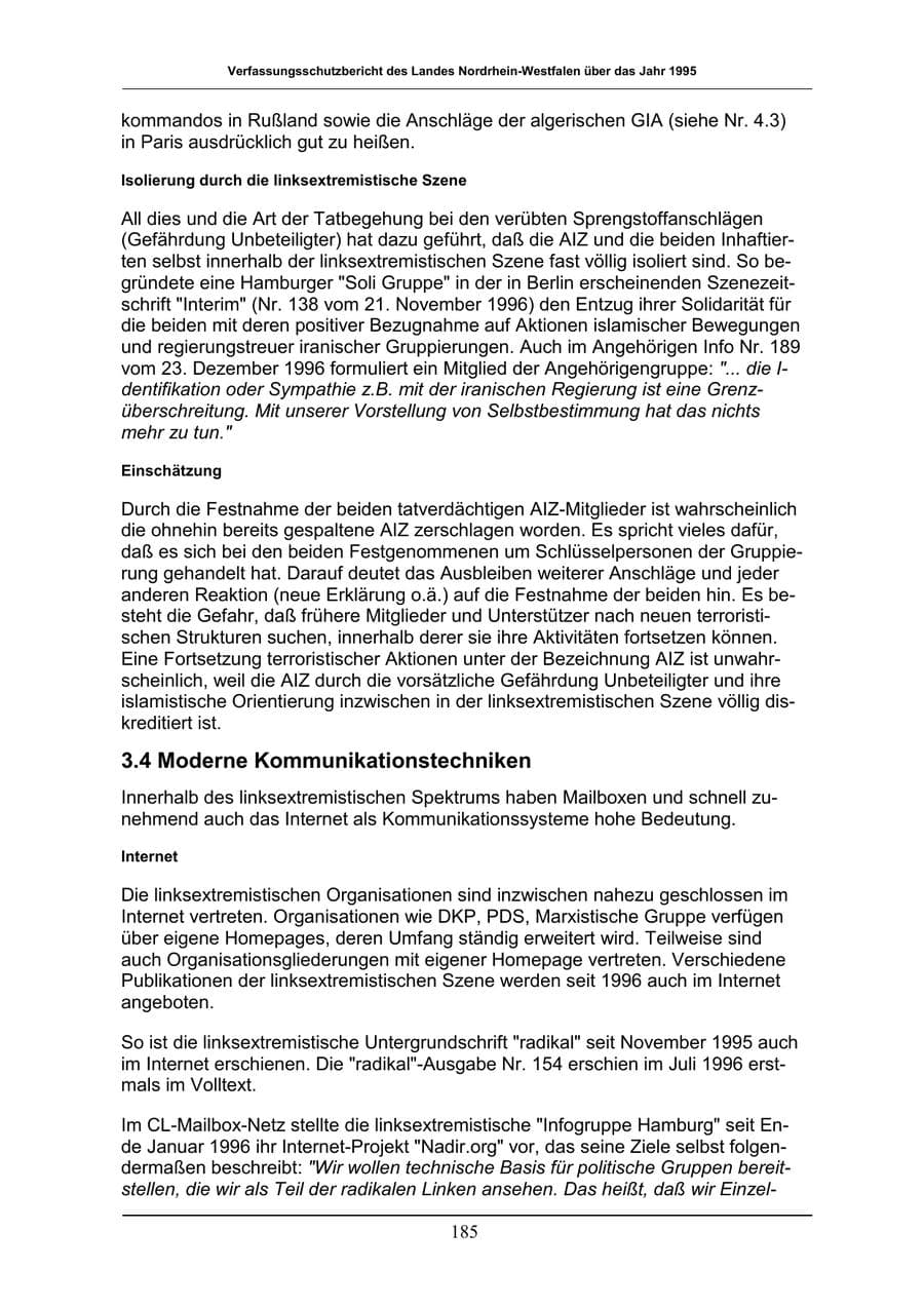 Seite 185 des Verfassungsschutzbericht 1996 Nordrhein-Westfalen