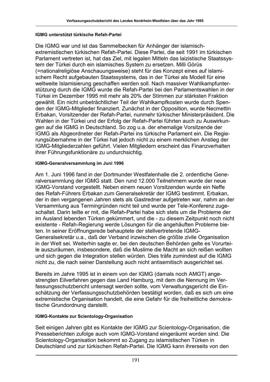 Seite 191 des Verfassungsschutzbericht 1996 Nordrhein-Westfalen