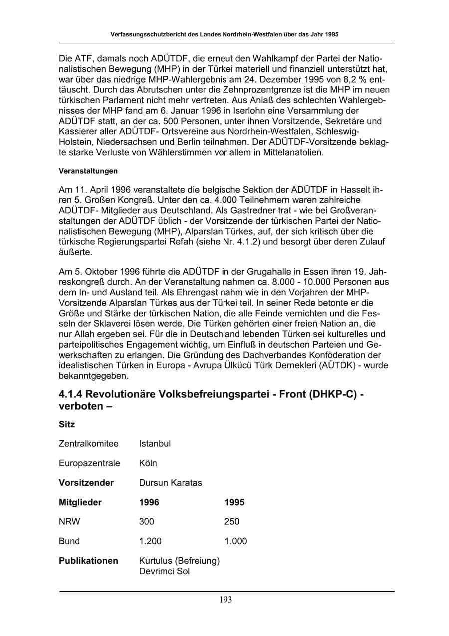 Seite 193 des Verfassungsschutzbericht 1996 Nordrhein-Westfalen