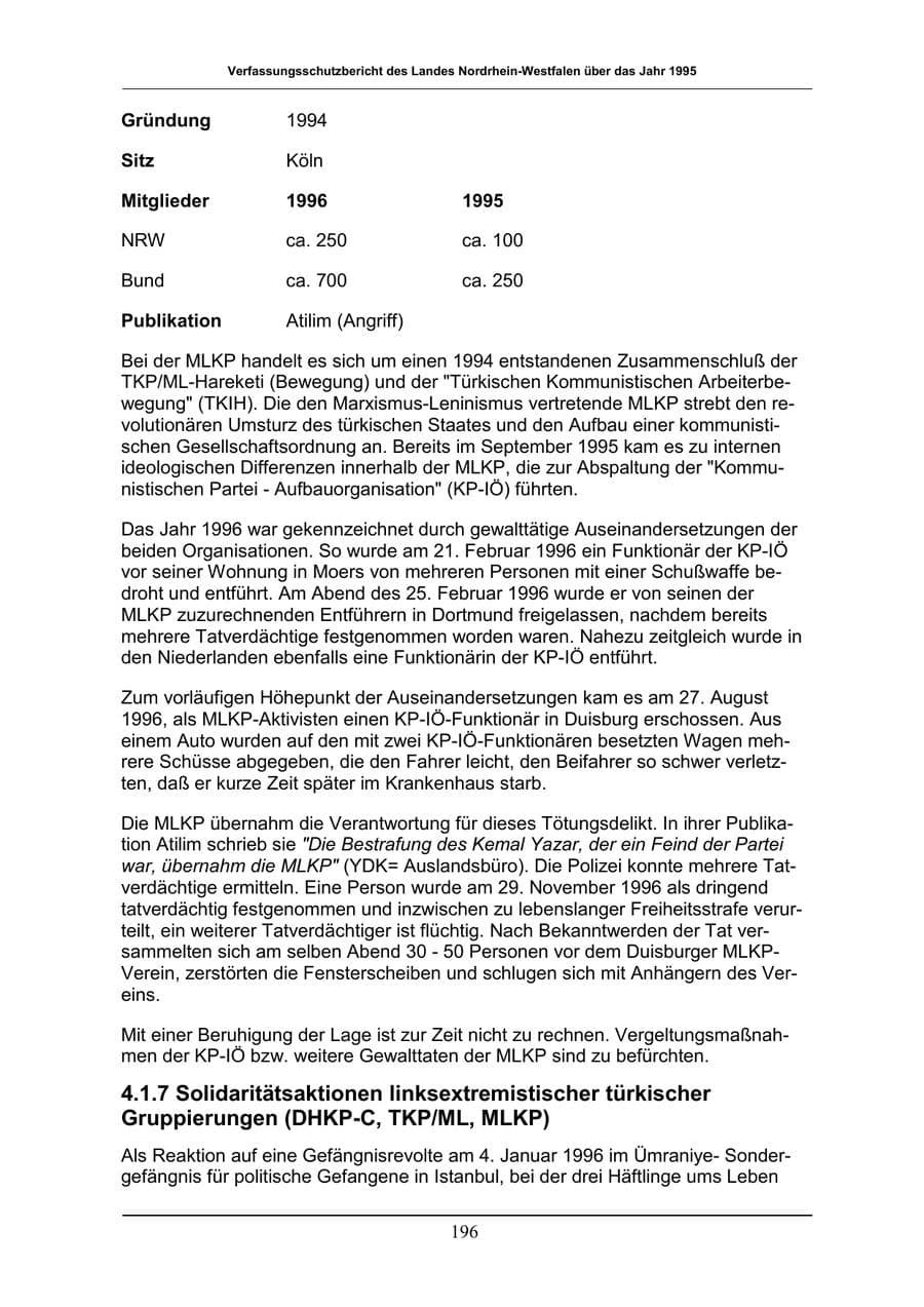 Seite 196 des Verfassungsschutzbericht 1996 Nordrhein-Westfalen