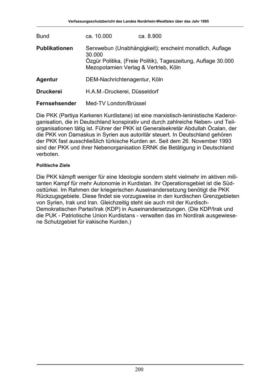 Seite 200 des Verfassungsschutzbericht 1996 Nordrhein-Westfalen