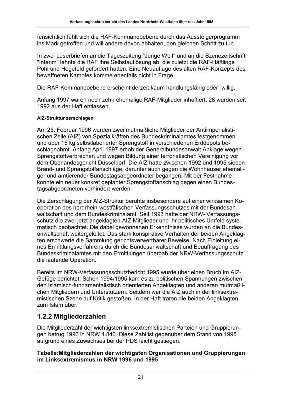 Seite 21 des Verfassungsschutzbericht 1996 Nordrhein-Westfalen