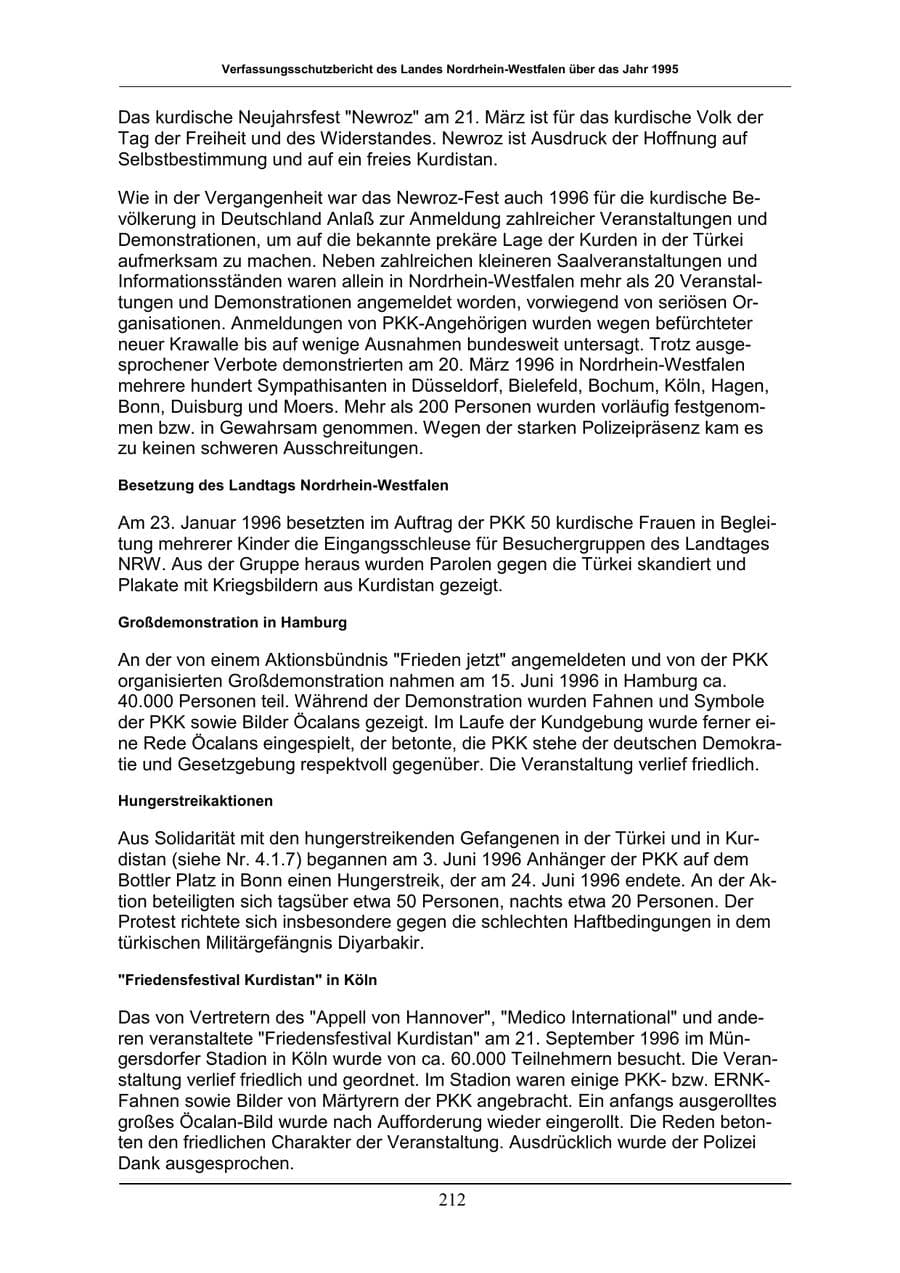 Seite 212 des Verfassungsschutzbericht 1996 Nordrhein-Westfalen