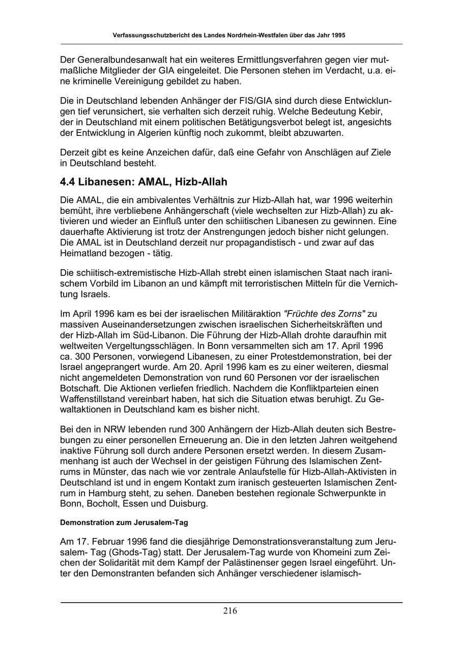 Seite 216 des Verfassungsschutzbericht 1996 Nordrhein-Westfalen