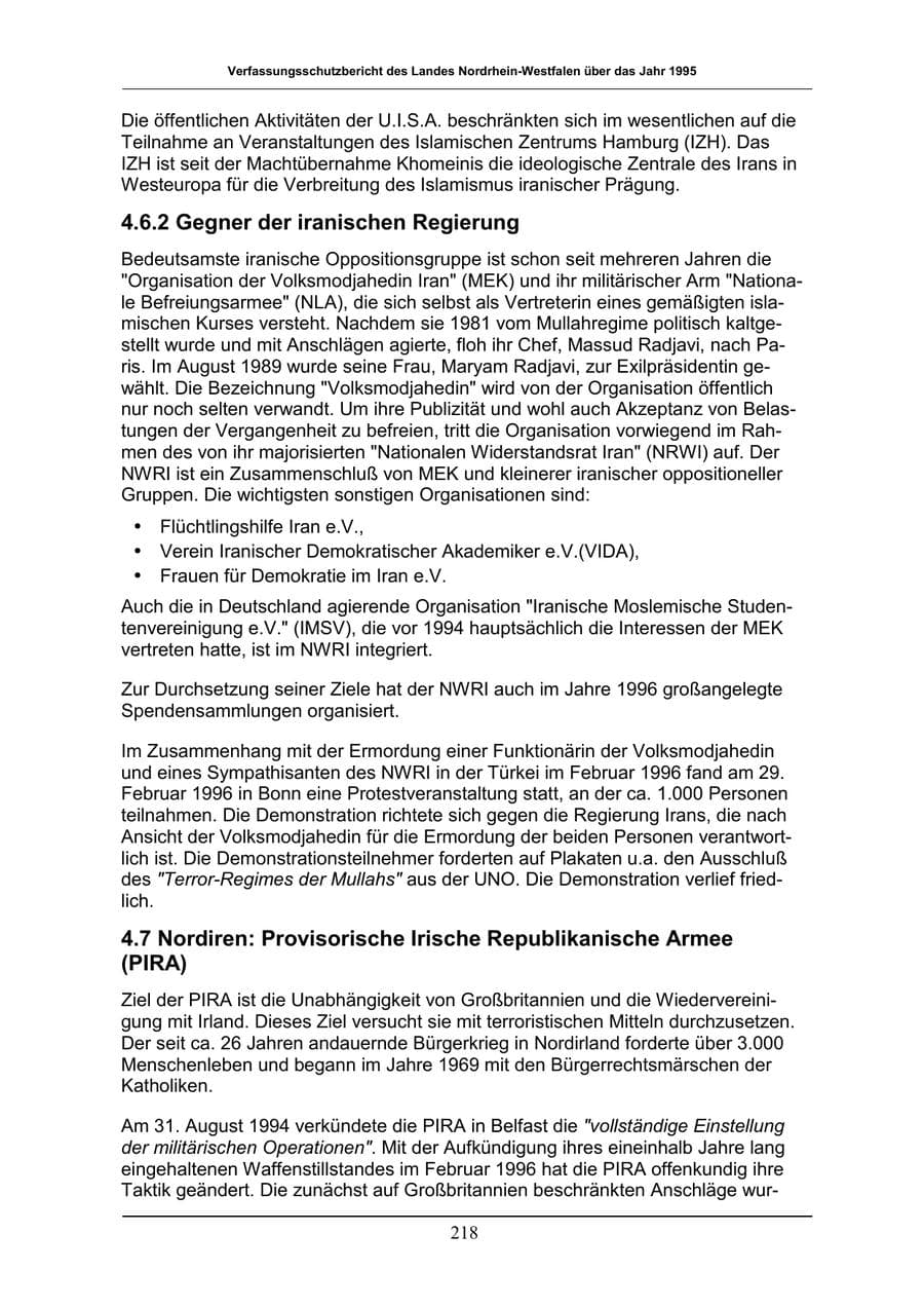 Seite 218 des Verfassungsschutzbericht 1996 Nordrhein-Westfalen