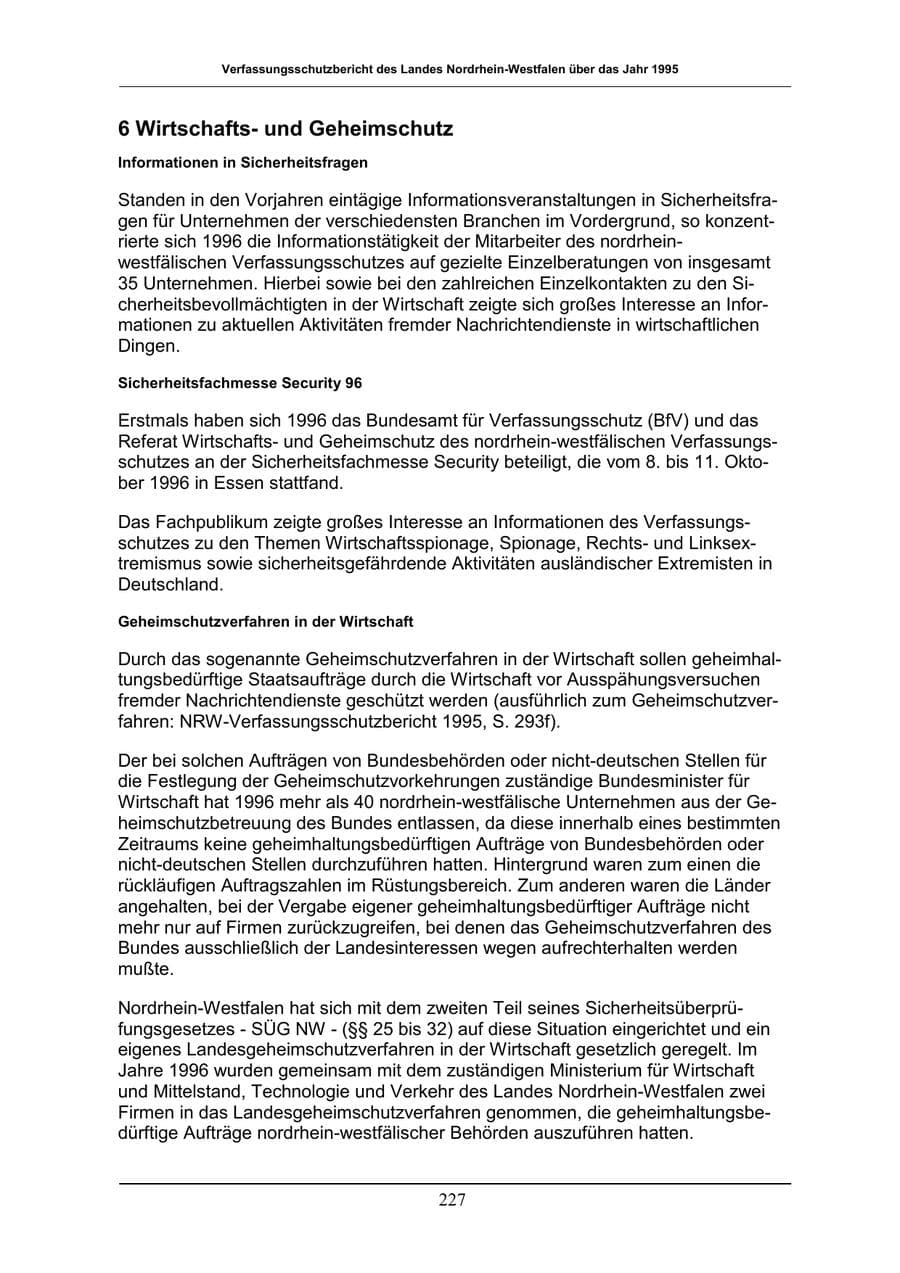 Seite 227 des Verfassungsschutzbericht 1996 Nordrhein-Westfalen