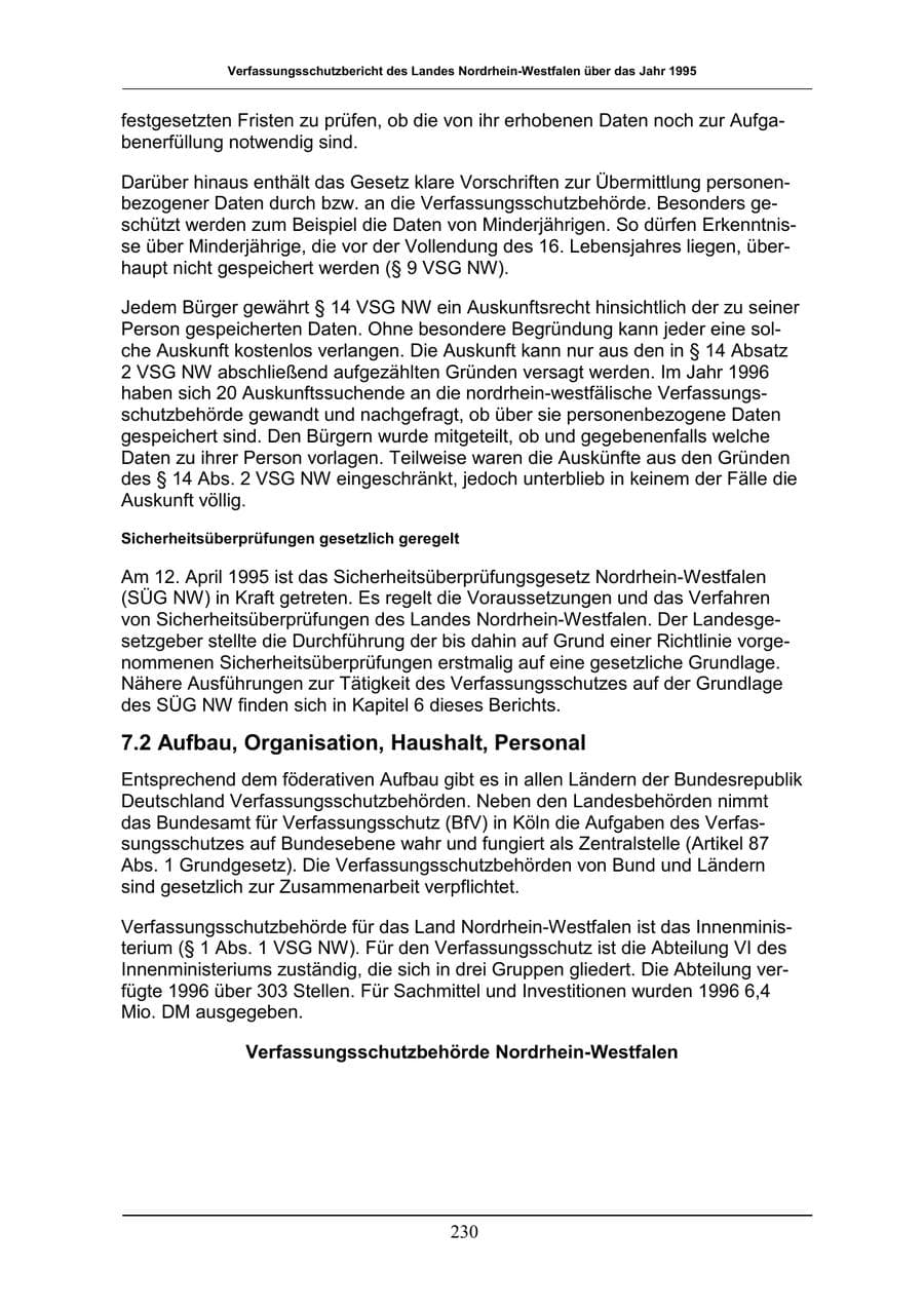 Seite 230 des Verfassungsschutzbericht 1996 Nordrhein-Westfalen
