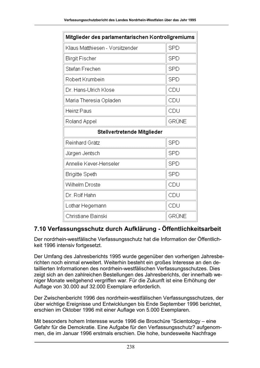 Seite 238 des Verfassungsschutzbericht 1996 Nordrhein-Westfalen