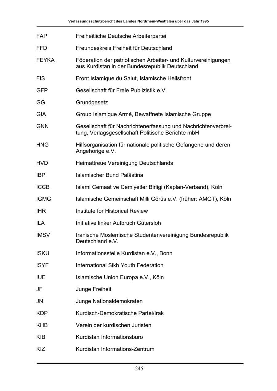 Seite 245 des Verfassungsschutzbericht 1996 Nordrhein-Westfalen