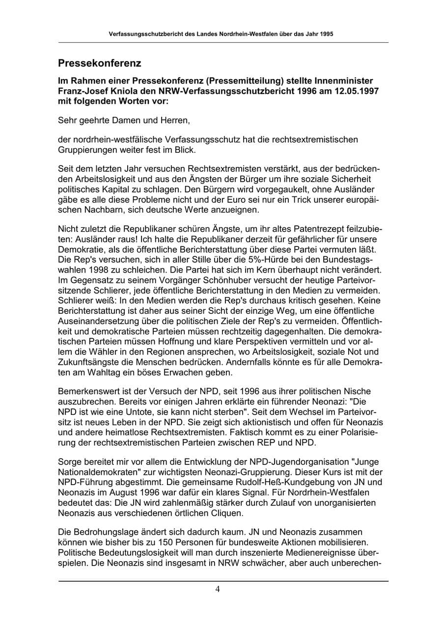 Seite 4 des Verfassungsschutzbericht 1996 Nordrhein-Westfalen