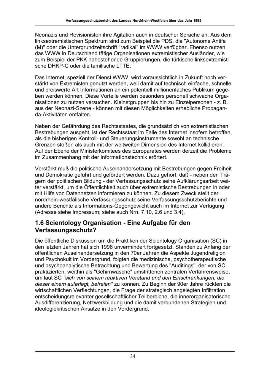 Seite 34 des Verfassungsschutzbericht 1996 Nordrhein-Westfalen