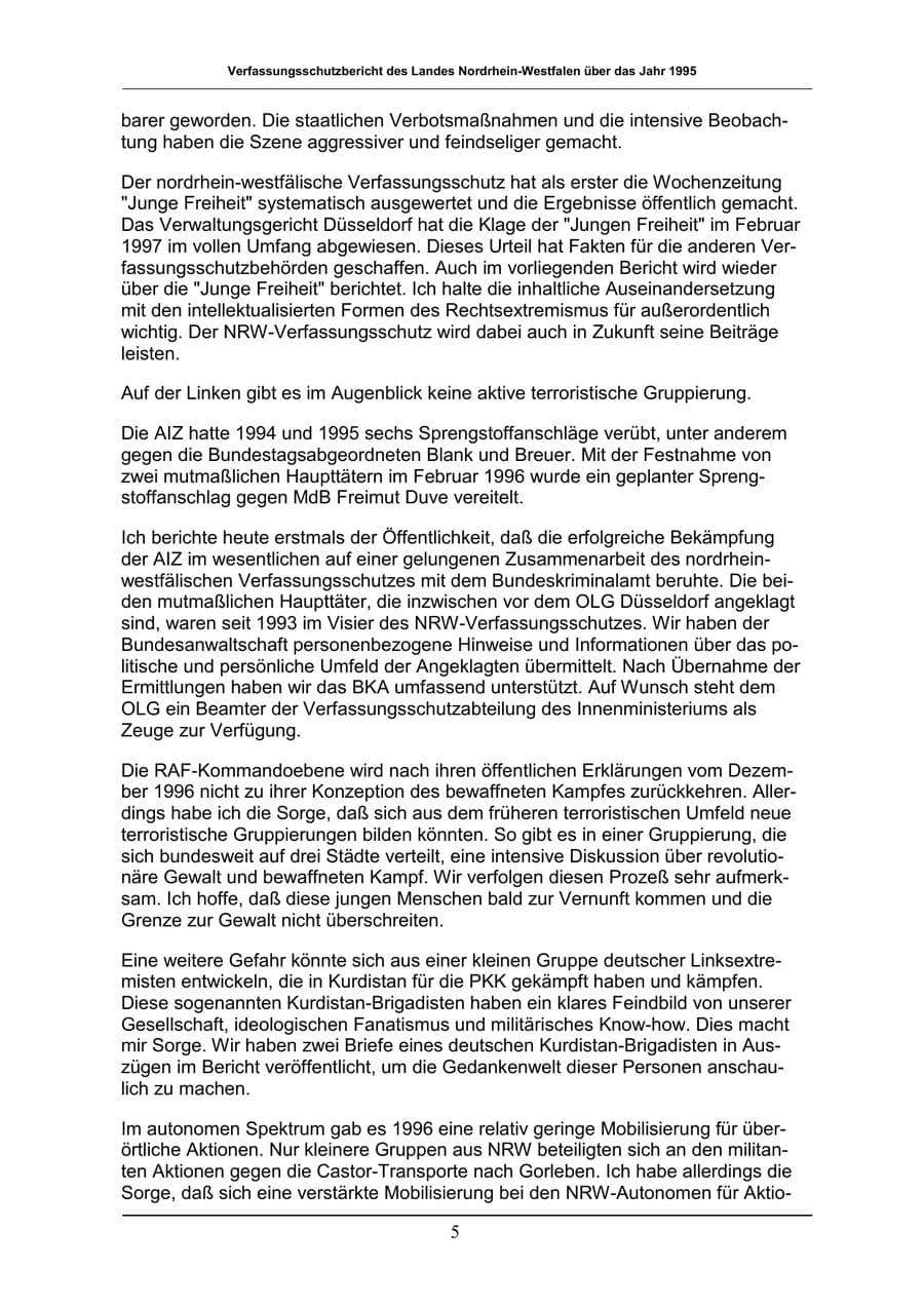 Seite 5 des Verfassungsschutzbericht 1996 Nordrhein-Westfalen