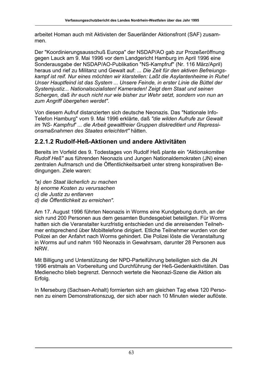 Seite 63 des Verfassungsschutzbericht 1996 Nordrhein-Westfalen