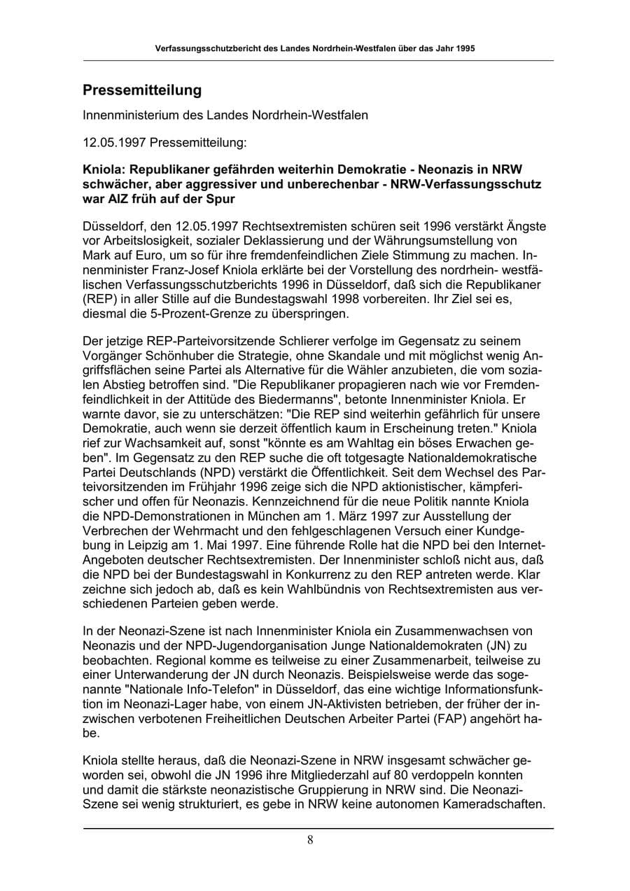 Seite 8 des Verfassungsschutzbericht 1996 Nordrhein-Westfalen