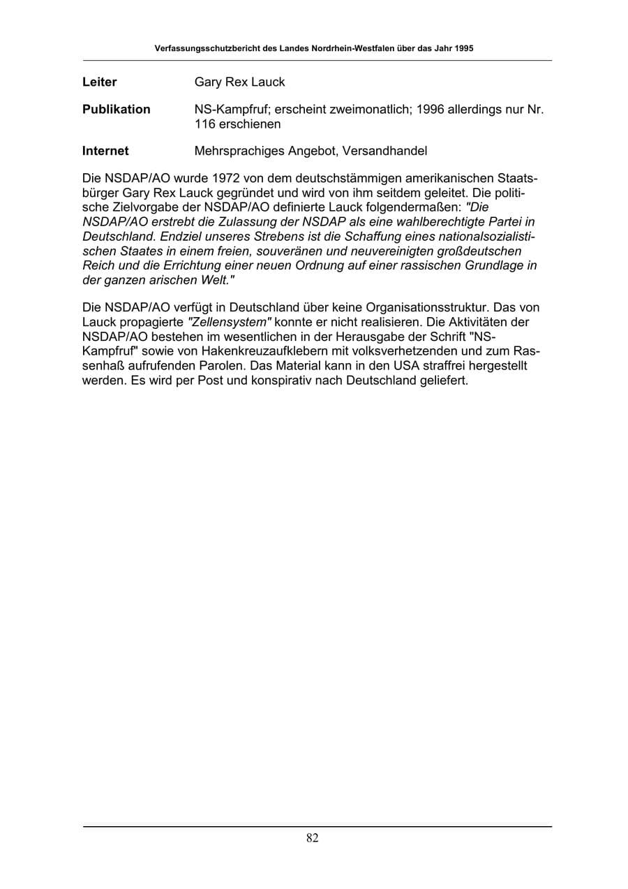 Seite 82 des Verfassungsschutzbericht 1996 Nordrhein-Westfalen