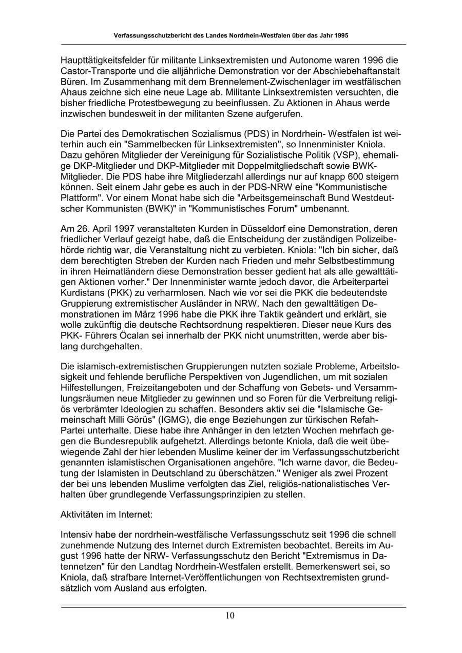Seite 10 des Verfassungsschutzbericht 1996 Nordrhein-Westfalen