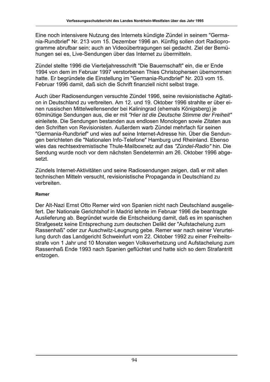 Seite 94 des Verfassungsschutzbericht 1996 Nordrhein-Westfalen